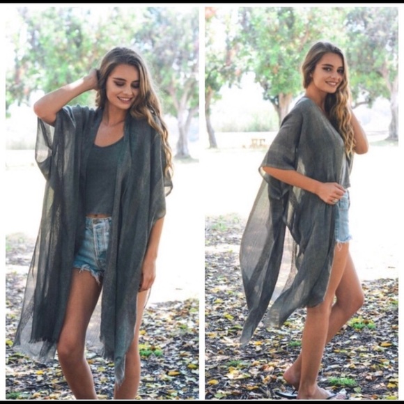 Open Front Kimono Coverup-CHARCOAL - Picture 1 of 6